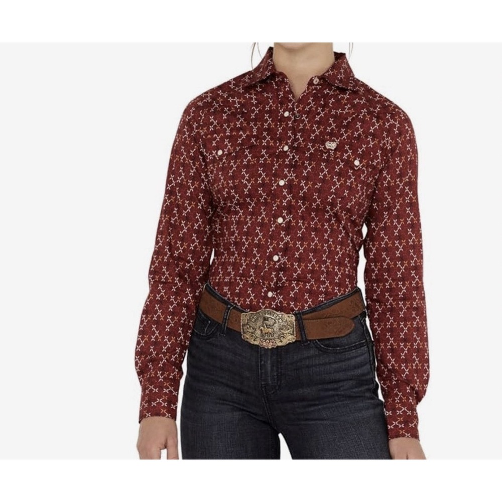 Cinch Western Shirt Women Sz S Red Geometric Long Sleeve Pearl Snap NEW